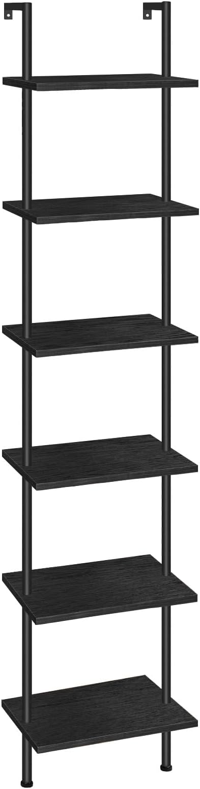 HOOBRO DIY Ladder Shelf, 6-Tier Wooden Wall Mounted Bookshelf, Narrow Bookcase, Display Shelf, Storage Rack, Plant Stand, for Living Room, Bedroom, Study, Balcony, Black BB651CJ01 - LeafyLoom