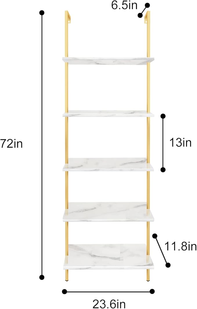 aboxoo Ladder Shelf White Marble Bookshelf 5-Tier Wall-Mounted Wood Rack Industrial Modern Plant Flower Stand Utility Organizer Open Bookcase Metal Frame Furniture Office Kitchen Bedroom - LeafyLoom