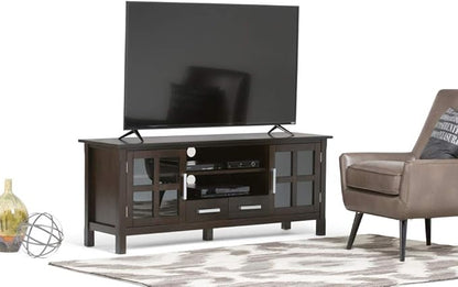 SIMPLIHOME Kitchener SOLID WOOD Universal TV Media Stand, 60 inch Wide, Contemporary, Living Room Entertainment Center, Storage Cabinet, for Flat Screen TVs up to 70 inches in Hickory Brown - LeafyLoom