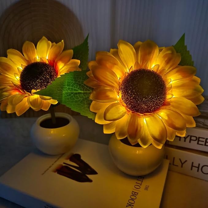 Sunflower Lamp Artificial LED Sunflower Flowers with Ceramic Pot Table Lamp Night Light for Home Office Decor House Decorations Gift Idea (1Sunflower) - LeafyLoom