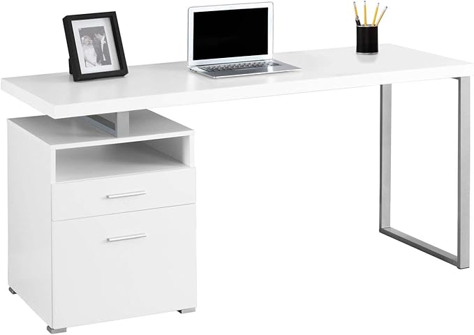 Monarch Specialties Computer Writing Desk for Home & Office Laptop Table with Drawers Open Shelf and File Cabinet-Left or Right Set Up, 60" L, White - LeafyLoom