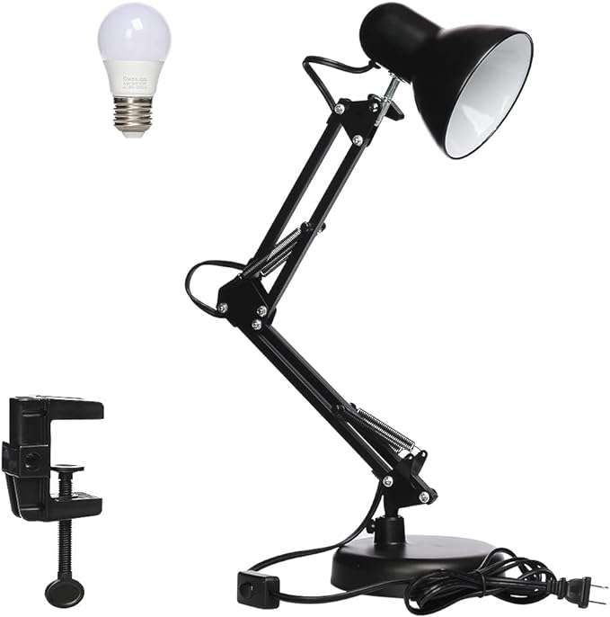 Led Desk Lamp with Clamp - Swing Arm Desk Lamp with 1 LED Cold Light Bulbs 6500K - Folding Table Lamp，Used for Office, Work, Study, Dormitory Reading and Eye Protection Desk Lamp (Black-01) - LeafyLoom