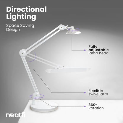 Neatfi XL 2,200 Lumens LED Task Lamp, 24W Super Bright Desk Lamp, 117 Pcs SMD LED, 4 Level Brightness, Dimmable, Task LED Light for Home, Office, Workbench (Non-CCT with Base, White) - LeafyLoom