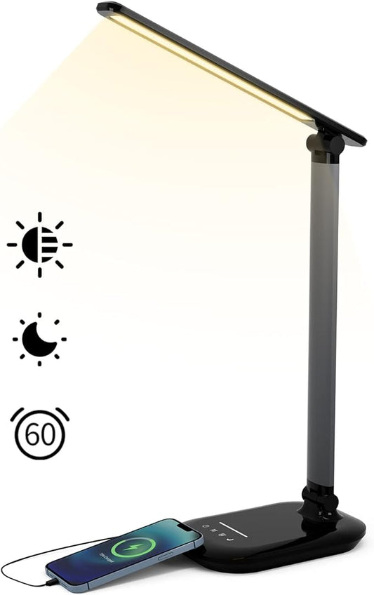 LED Desk Lamp, Table Lamp Reading Lamp with USB Charging Port, Desk Lamps for Home Office with 5 Color Temperature, 5 Brightness Levels, 1H Timer, Night Light, Desk Light for Bedroom - LeafyLoom