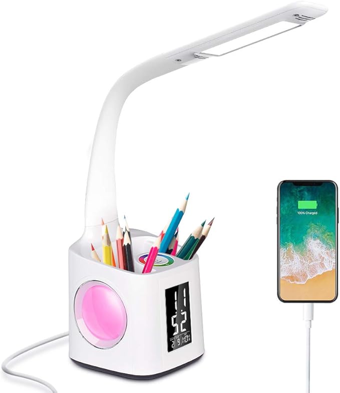 Donewin LED Desk Lamp with USB Charging Port&Pen Holder, Study Light with Clock, Kawaii Desk Accessories, Study Lamp for Kids/Girls/Boys,Desk Light for Office/Reading, Colorful Night Light,10W - LeafyLoom