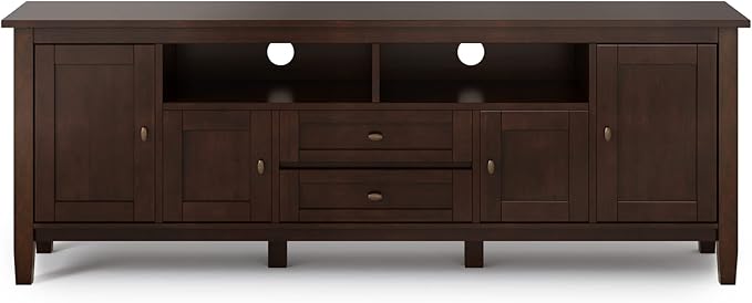 SIMPLIHOME Warm Shaker SOLID WOOD Universal TV Media Stand, 72 inch Wide, Transitional, Living Room Entertainment Center with Storage, for Flat Screen TVs up to 80 inches in Russet Brown - LeafyLoom