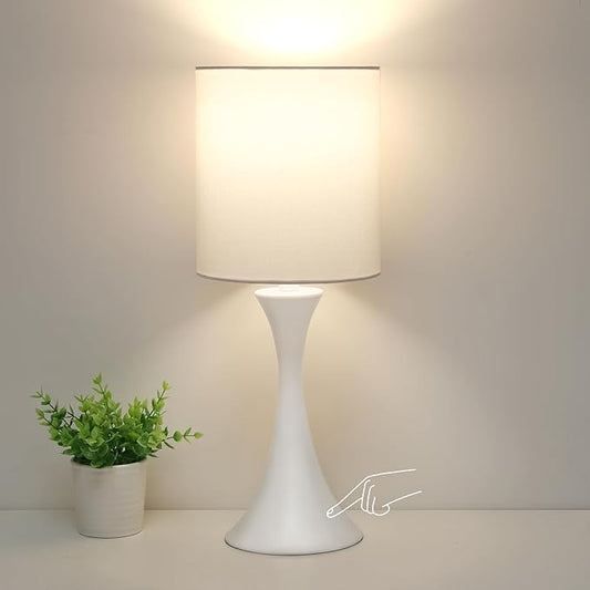 Modern Table Lamps, 3 Way Touch Control Table Lamp, Dimmable Desk Lamp, White Nightstand Lamp with Fabric Shade, Small Bedside Lamp for Living Room, Dorm,Home Office, LED Bulb Included - LeafyLoom