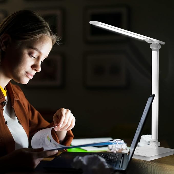 Desk Lamp Eye-Caring LED Table Lamp Dimmable Bedside Lamp with 2 USB Charging Ports and 10 Brightness Levels x 5 Colour Modes Touch Control Daylight Lamp for Office, Bedside, Reading- Auto Timer - LeafyLoom