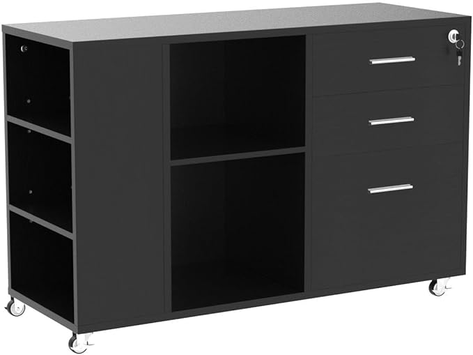 YITAHOME Mobile Wood File Cabinet, 3 Drawer Lateral Filing Cabinet, Black - LeafyLoom