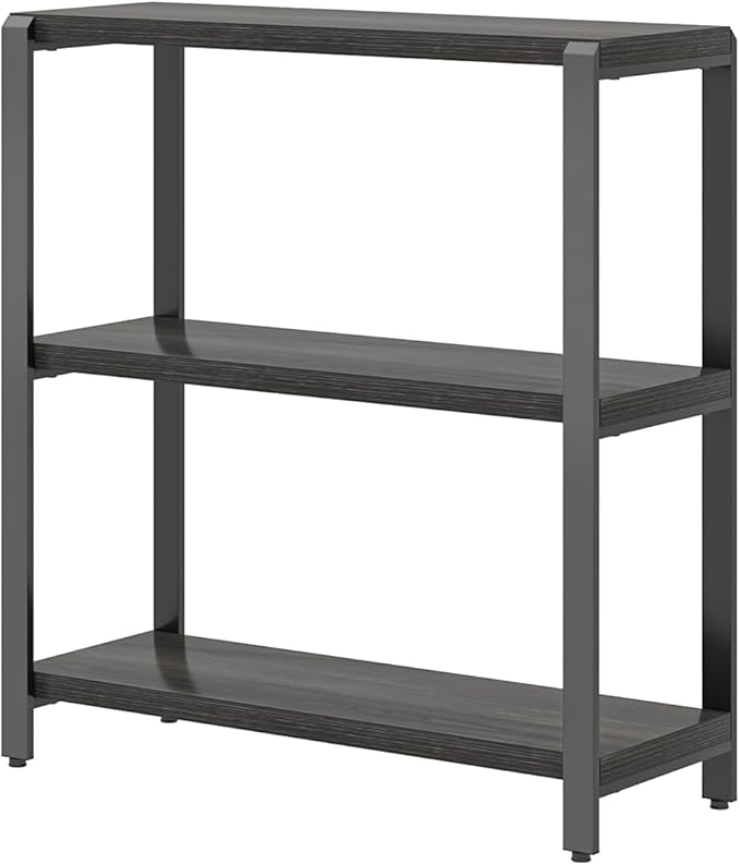 FOLUBAN Rustic Small Bookshelf and Bookcase, 3 Tier Low Short Book Shelf, Industrial Metal and Wood Book Case for Bedroom Living Room, Dark Gray - LeafyLoom