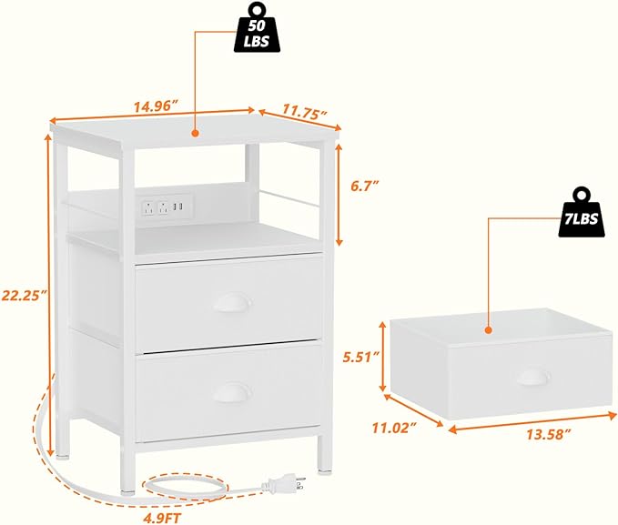 Furologee Nightstands Set of 2, End Tables with Charging Station and USB Ports, Side Tables with 2 Fabric Drawers, Night Stands with Storage Shelf & 2 Hooks, for Living Room/Bedroom, White - LeafyLoom