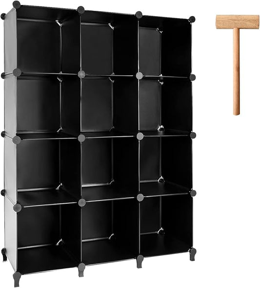 Gold Armour Cube Storage 12-Cube Bookshelf Closet Organizer Storage Shelves Cubes Organizer Plastic Square Book Shelf Bookcase DIY Closet Cabinet Organizer Shelving for Home Office Bedroom (Black) - LeafyLoom