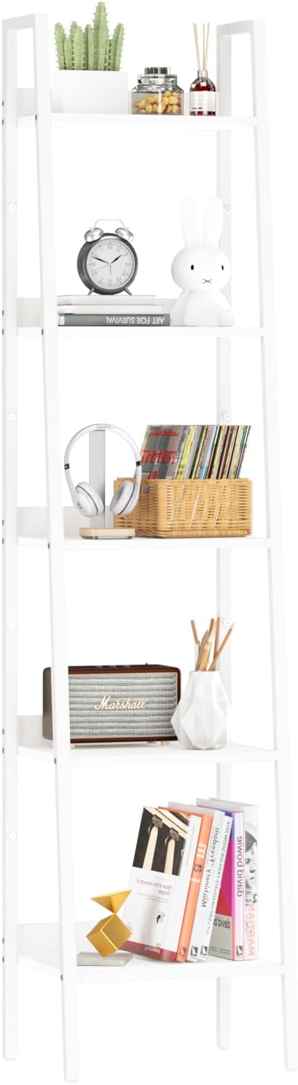 Yoobure Ladder Shelf, 5 Tier Tall Ladder Bookshelf Corner Shelf, Industrial Book Shelf Ladder Bookcase Narrow, Standing Storage Shelves Display Shelf for Bedroom Living Room Office Kitchen Bathroom - LeafyLoom