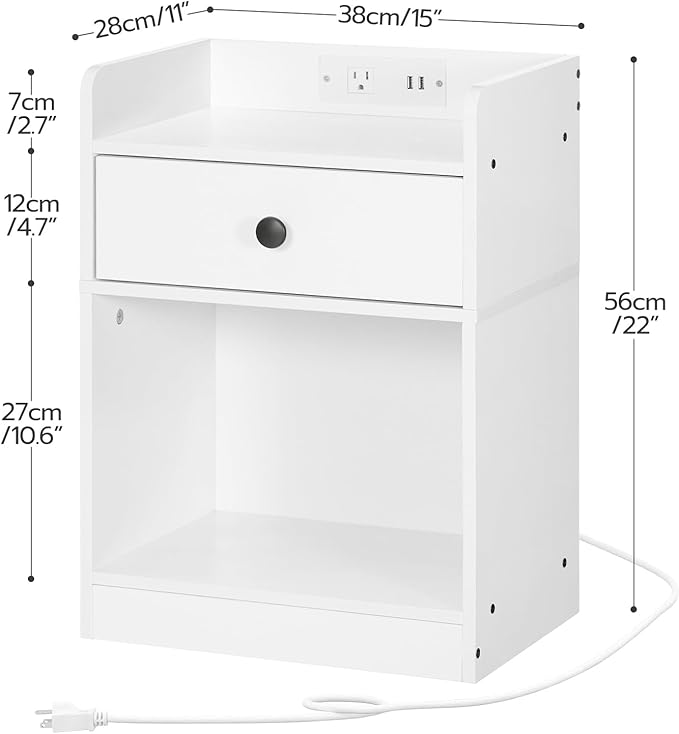 HOOBRO Nightstand with Charging Station, End Table with Drawer and Opening Shelf, Side Table with USB Ports and Outlets, Bedside Table for Bedroom, Small Night Stand Simple Style, White WT18UBZ01 - LeafyLoom