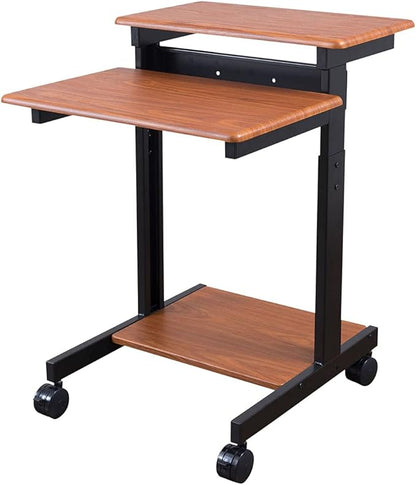 Stand Up Desk Store Rolling Adjustable Height Two Tier Standing Desk Computer Workstation (Black Frame/Teak Top, 24" Wide) - LeafyLoom