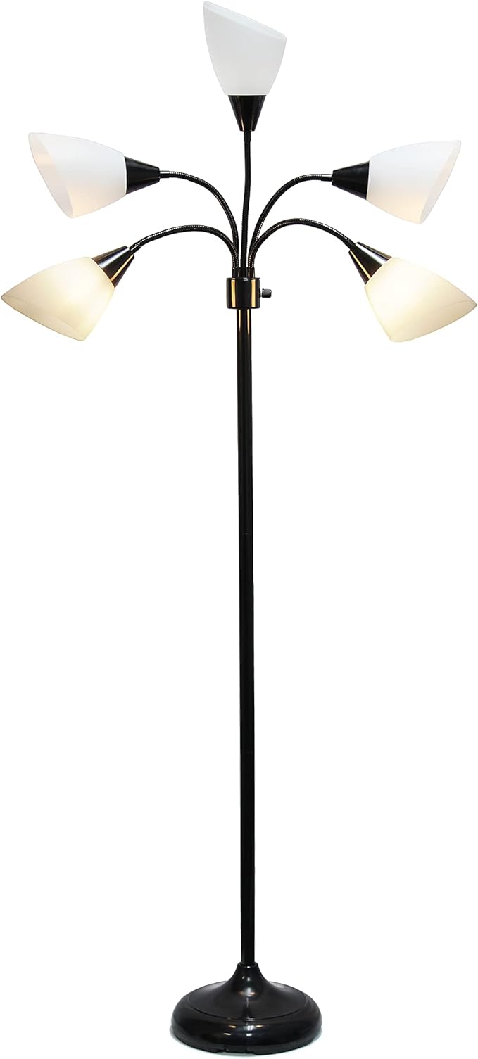 Simple Designs LF2006-BAW 67" Contemporary Multi Head Medusa 5 Light Adjustable Gooseneck Black Floor Lamp with White Shades for Kids Bedroom Playroom Living Room Office - LeafyLoom