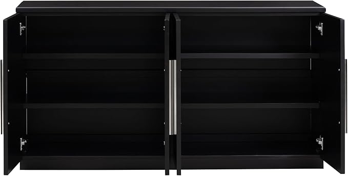 Wooden Sideboard with 4 Doors Large Storage Space,Buffet Cabinet,W/Adjustable Shelves and Silver Handles,Wear-Resistant Performance,for Kitchen,Dining Room,Hallway,Black, 60" - LeafyLoom