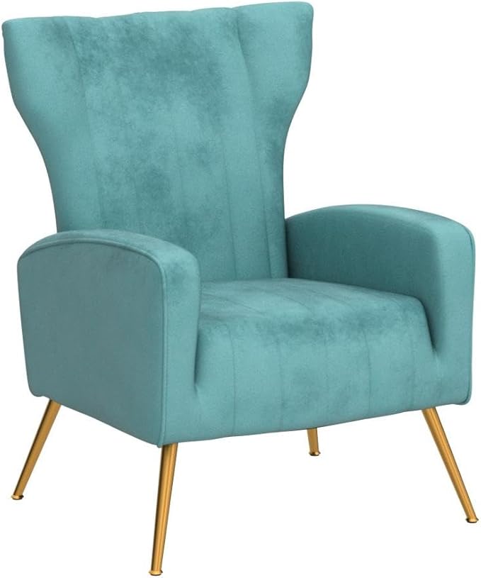 Armchair Modern Velvet Accent Chair, Channel Tufted Bedroom, Office or Living Room Furniture with Elegant Metal Legs, Teal - LeafyLoom