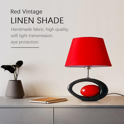 Red Modern Table Lamp, Ceramic Desk Lights with Linen Shade LED Bedroom Bedside Light Living Room Office Desk Night Lantern 14.8inch American Desktop Light for Home, E26 Base 60W 110V - LeafyLoom