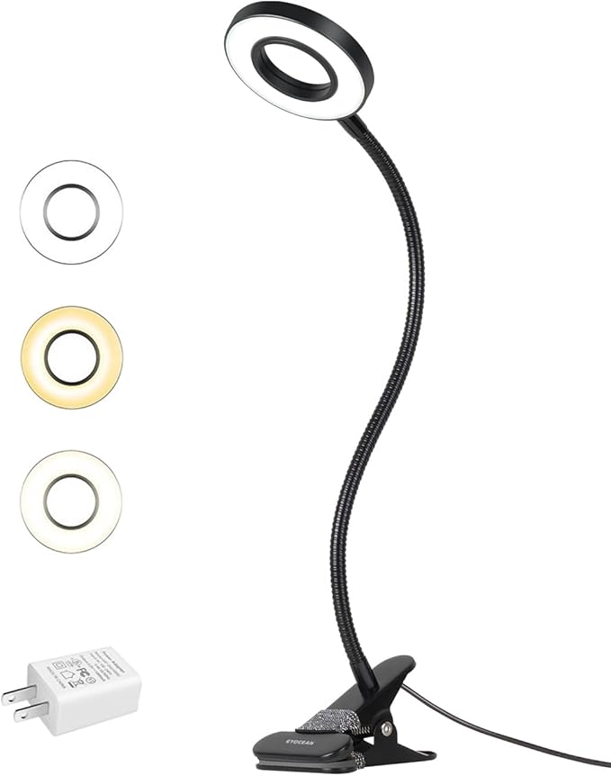 LED Reading Light, Dimmable Clamp Light for Bed Headboard, Bedroom, Office, 3 Modes & 9 Dimming Levels, Flexible Clip Desk Lamp, Adapter Included (Matteblack) - LeafyLoom