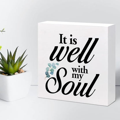 Christian Quote It Is Well With My Soul Wood Box Sign,Holy Bible Quote Decor Desk Sign,Inspirational Song and Hymn Wooden Block Sign for Home Bedroom Office Shelf Tabletop - LeafyLoom