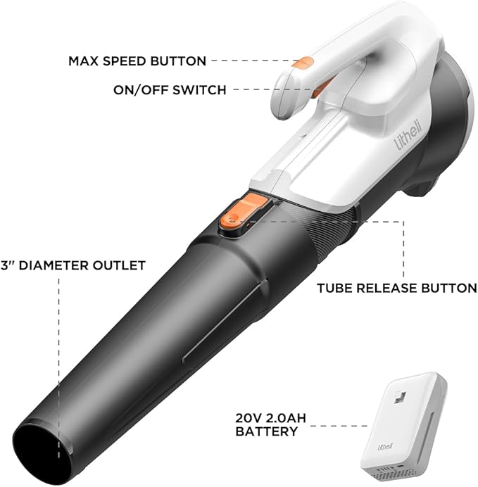 Litheli 20V Leaf Blower Cordless 2.0 Ah Battery Powered, 355CFM/85MPH & 2 Speed Levels, Handheld Electric Blowers for Lawn Care, Patio, Snow, Dust, Blowing Leaves - LeafyLoom