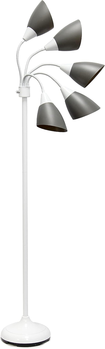 Simple Designs LF2006-GOW 67" Contemporary Multi Head Medusa 5 Light Adjustable Gooseneck White Floor Lamp with Gray Shades for Kids Bedroom Playroom Living Room Office - LeafyLoom