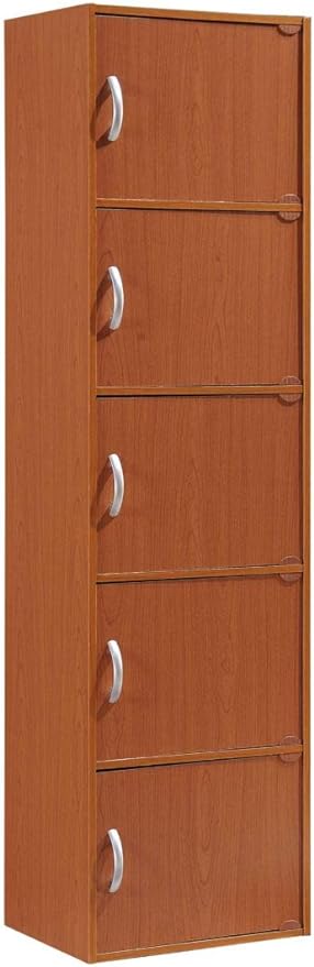 HODEDAH 5 Door Bookcase Cabinet, Cherry - LeafyLoom