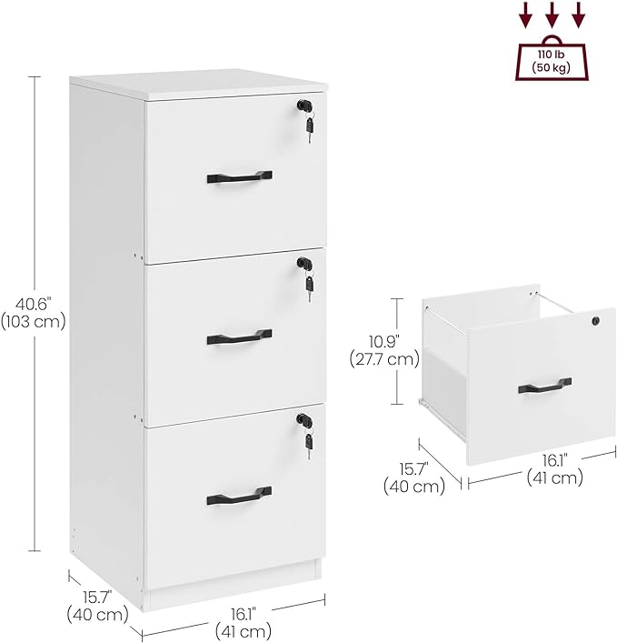 VASAGLE 3-Drawer Vertical File Cabinet, Filing Cabinet for Home Office, Printer Stand, with 3 Lockable Drawers, Adjustable Hanging Rail, for A4 and Letter-Size Files, Cloud White UOFC055W14 - LeafyLoom