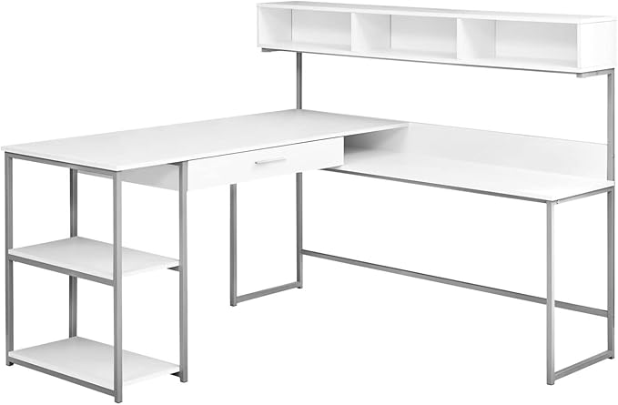 Monarch Specialties Workstation for Home & Office with Multiple Shelves and Drawer L-Shaped Corner Desk with Hutch, 60" L, White/Silver Frame - LeafyLoom