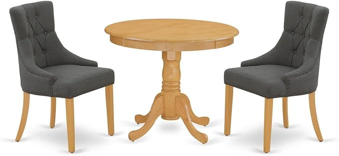 East West Furniture ANFR3-OAK-20 Antique 3 Piece Kitchen Set Contains a Round Room Table with Pedestal and 2 Dark Gotham Linen Fabric Parsons Dining Chairs, 36x36 Inch, Oak - LeafyLoom