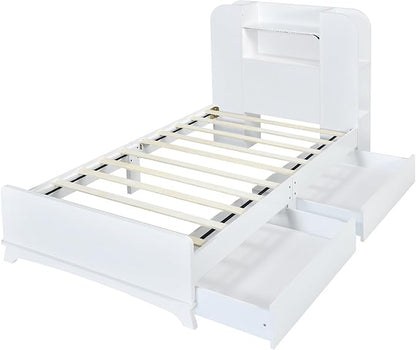 Merax Twin Bed Frame with Shelves and Storage Drawers Underneath,White Twin Size Platform Bed with Headboard and Light - LeafyLoom