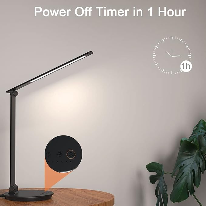 LED Desk Lamp with USB Charging Port, Touch Control Dimmable Office Lamp, 5 Color Modes 6 Brightness Levels Eye-Caring Table Lamp for Home Office Bedroom Reading Study, Black - LeafyLoom