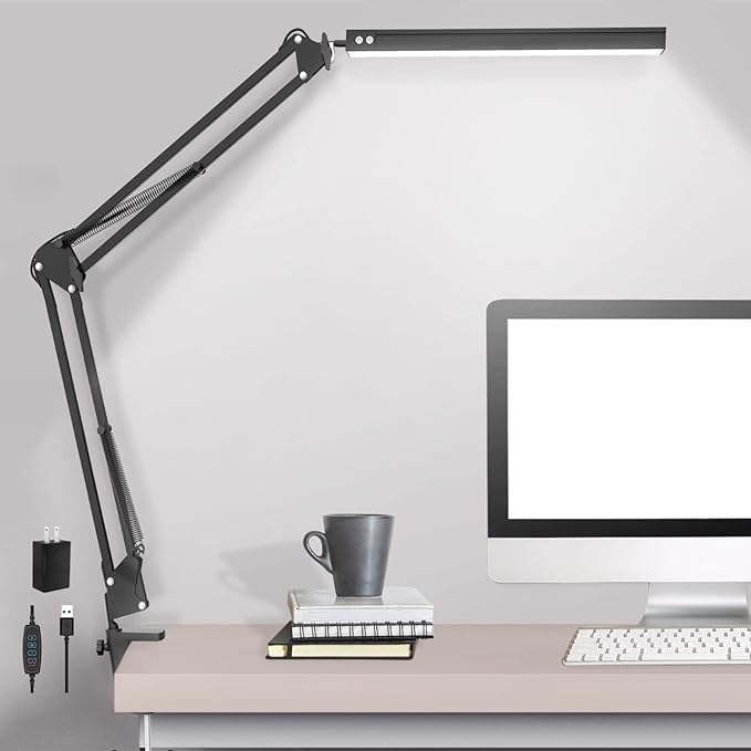 LED Desk Lamp,Adjustable Swing Arm Desk Lamp with Clamp,Dimmable Desk Light Eye-Care Table Light, Memory Function, 3 Color Modes, 10-Level Brightness Table Lamp for Home, Office, Study, Reading - LeafyLoom