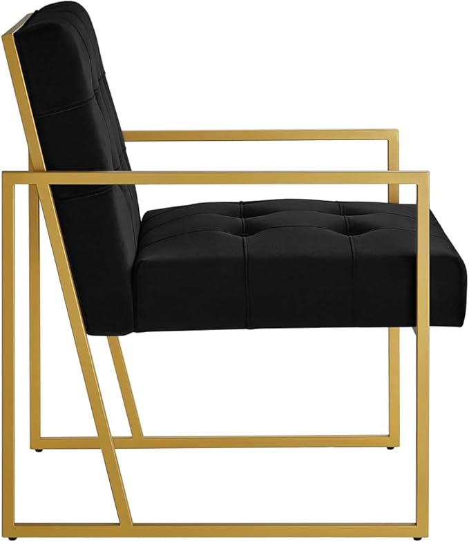 24KF Modern Black Velvet Button Tufted Accent Chair with Golden Metal Stand, Decorative Furniture Chairs for Living Room Bedroom - Black - LeafyLoom