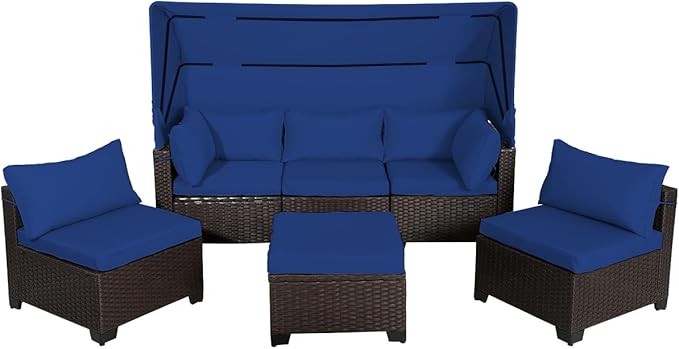 6 PCS Outdoor Patio Furniture Set,Sectional Sofa Set,Rattan Daybed with Retractable Canopy,Adjustable Backrest,Storage Coffee Table,Chaise Chair Sunbed for Garden Poolside Backyard(Dark Blue) - LeafyLoom