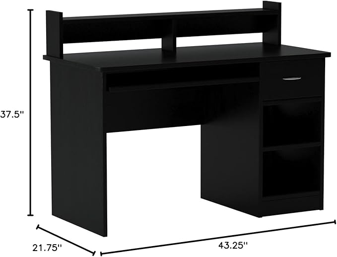 OneSpace Essential Computer Desk, Hutch with Pull-Out Keyboard, Black - LeafyLoom