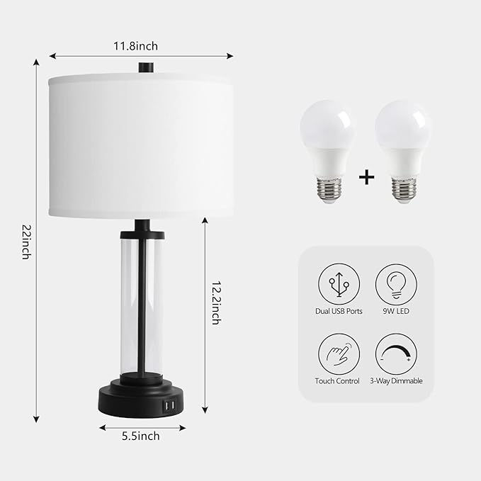 QiMH Touch Control Table Lamps Set of 2 with USB Ports, 3-Way Dimmable Bedside Lamp for Living Room Bedroom House, Modern Nightstand Lamp with 2 LED Bulbs(Black) - LeafyLoom