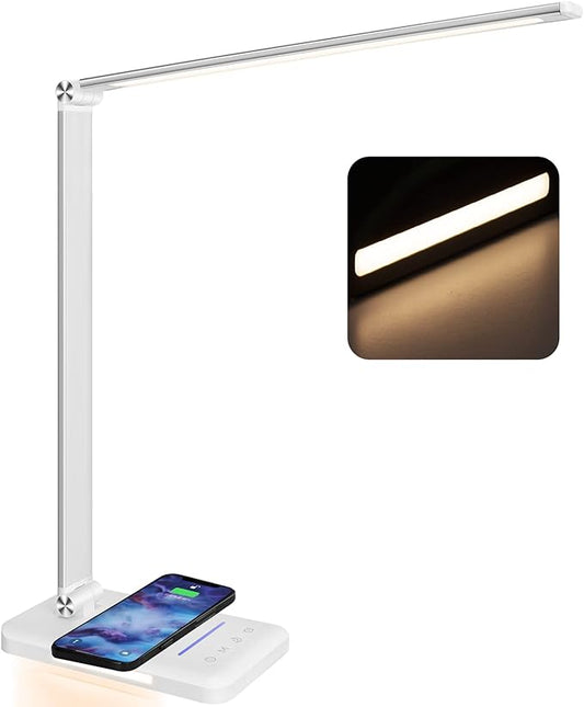 LED Desk Lamp with Night Light, Fast Wireless Charger, USB Charging Port, 10 Brightness, 5 Color Modes, Dimmable Bedside Table Lamp for Bedroom, Touch Control, Auto Timer, 1200Lux Super Bright - LeafyLoom