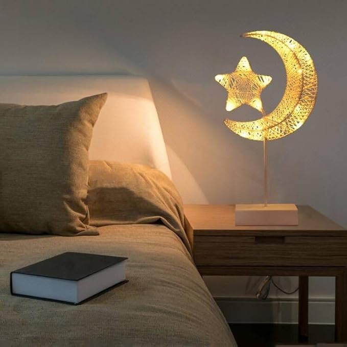 Upgraded Table Lamp for Ramadan Decorations, Battery Operated Warm White Bright LED Star Moon Shape Desk Lamp,Christmas Wedding Party Ramadan Eid Decoration for Home Romantic Table Lamp - LeafyLoom