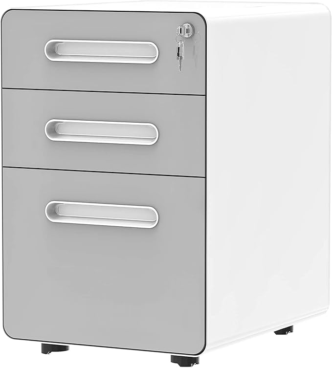 YITAHOME 3-Drawer Metal Mobile File Cabinet, Rolling Filing Cabinet with Lock, Filing Cabinet Under Desk fits Legal/A4 Size for Home/Office, Fully Assembled,White and Grey - LeafyLoom