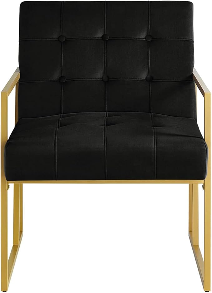 24KF Modern Black Velvet Button Tufted Accent Chair with Golden Metal Stand, Decorative Furniture Chairs for Living Room Bedroom - Black - LeafyLoom