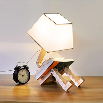 ELINKUME Cute Robot Desk Lamp,Dimmable Bedside Table Lamps,Square Lampshade Night Light with Foldable Solid Wood Body,Fun Kids Lamp, Nightstand lamp for Bedroom,Study,Office,Living room(Gift) - LeafyLoom