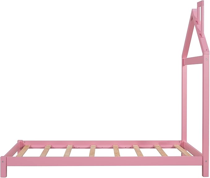 Jintop Twin Size Wood Platform Chimney and House-Shaped Headboard,Bedroom Furniture Bed Frame W/ 10 Slat Support,Easy to Install,for Teens Kids Girls Boys,Pink - LeafyLoom