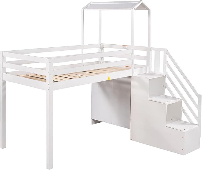 Stairway Twin over Full House Bunk Bed with Storage Shelves & Roof Design,Wooden Bunkbeds wtih Safety Guardrails for Kids/Teen/Adults Bedroom,Space Saving, White - LeafyLoom