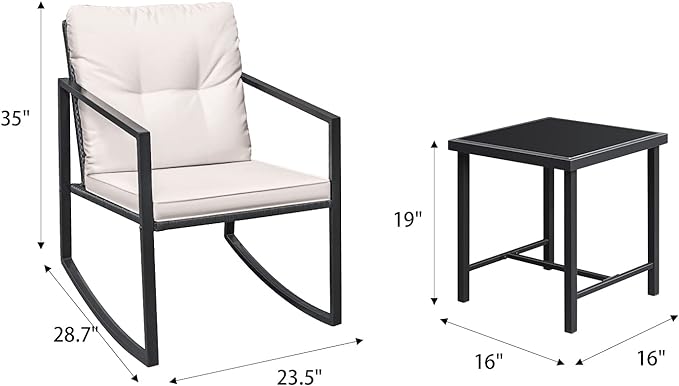 Greesum 3 Pieces Rocking Wicker Bistro Set, Patio Outdoor Furniture Conversation Sets with Porch Chairs and Glass Coffee Table, Beige - LeafyLoom