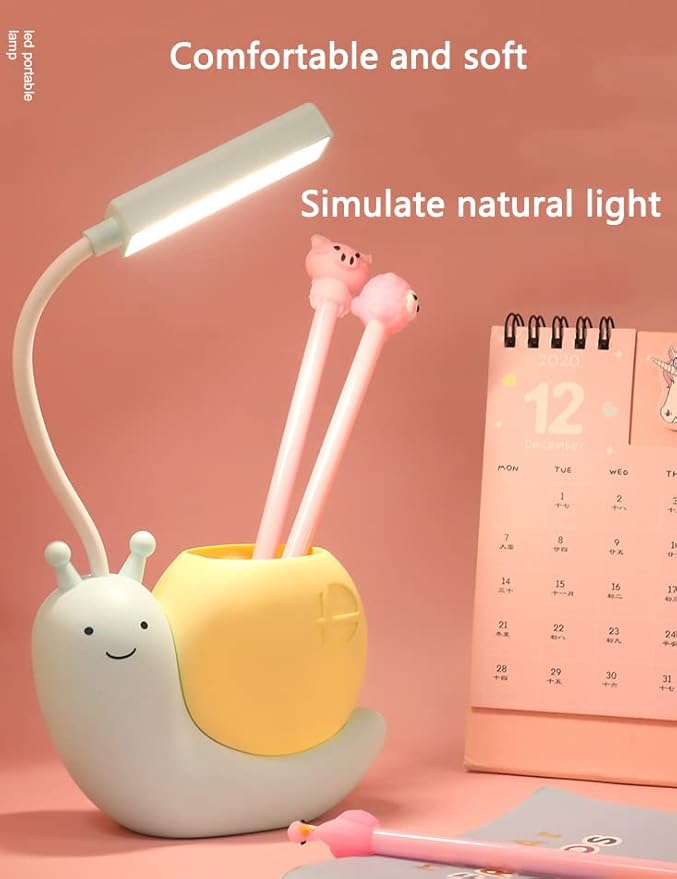 Cute Kids Lamp with Pen Holder,LED Desk Lamp for Child,Snail Shape USB Charging Student Learning Eye Protection Lamp with 360° Bendable Adjustable Neck Pink - LeafyLoom