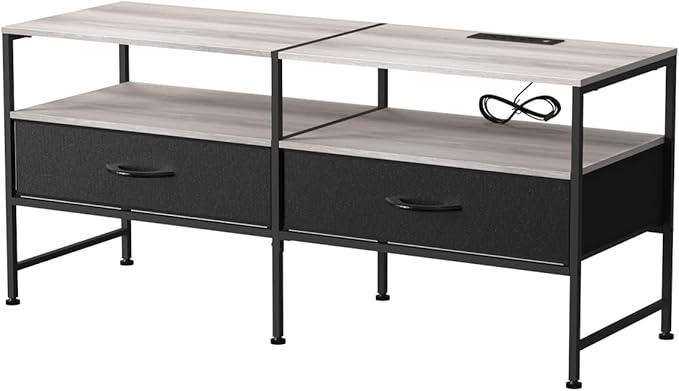 HEOMU Industrial TV Stand for 50 Inch Television Cabinet 3-Tier Console Table with Fabric Drawer, Entertainment Center Media Console Metal Frame for Living Room, Bedroom, Grey - LeafyLoom