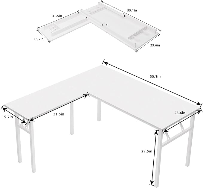 DlandHome L-Shaped Folding Computer Desk 55inches and 55inches Left and Right Adjustable Half-Installed Home Office Workstation Corner Table,White +White - LeafyLoom