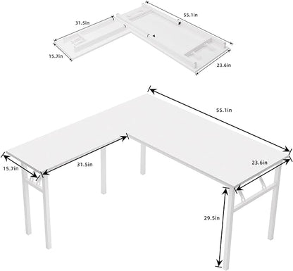 DlandHome L-Shaped Folding Computer Desk 55inches and 55inches Left and Right Adjustable Half-Installed Home Office Workstation Corner Table,White +White - LeafyLoom